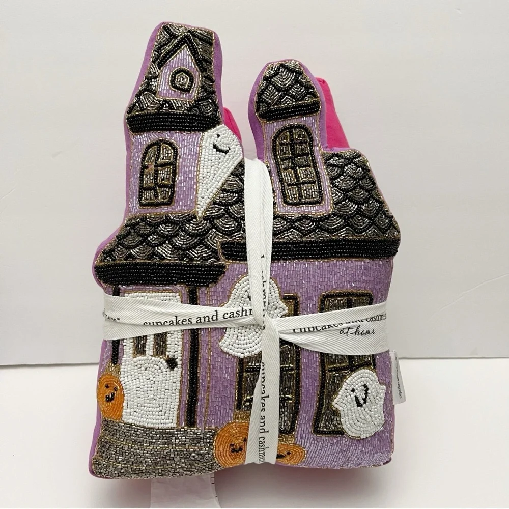 Cupcakes & Cashmere Set of 2 Beaded Halloween Ghost Haunted House Pillows NEW